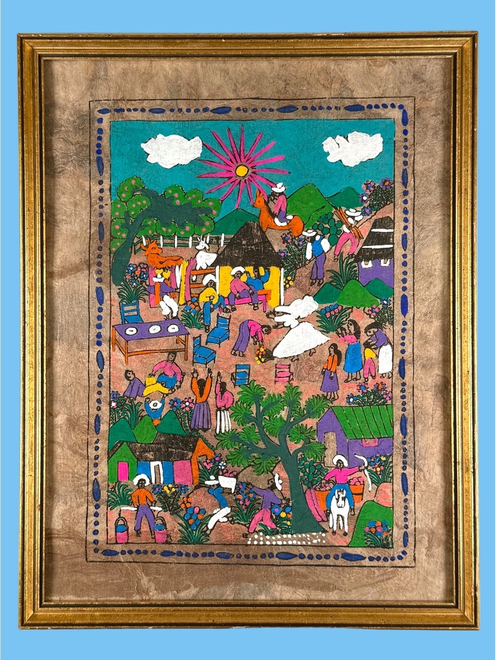 Vintage Mexican Folk Art Amate Bark Painting Village Fiesta 12x16 inches Framed